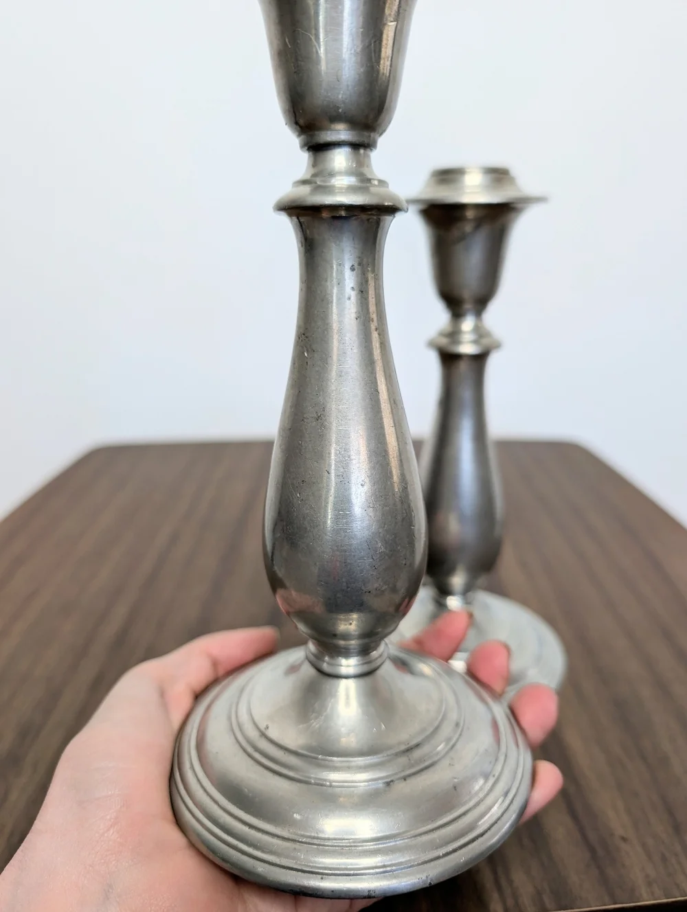 Pair Of Vintage Spindle Silver Tone Mayflower Pewter Tall Candlestick Holders